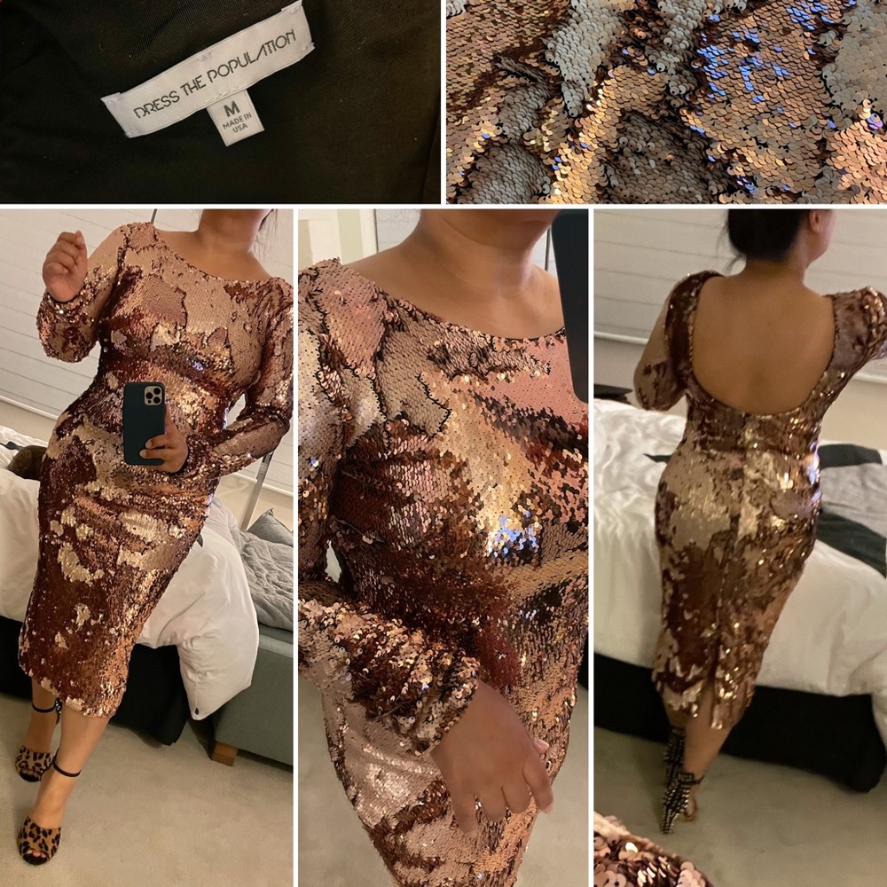 Dress the Population Emery ROSEGOLD midi